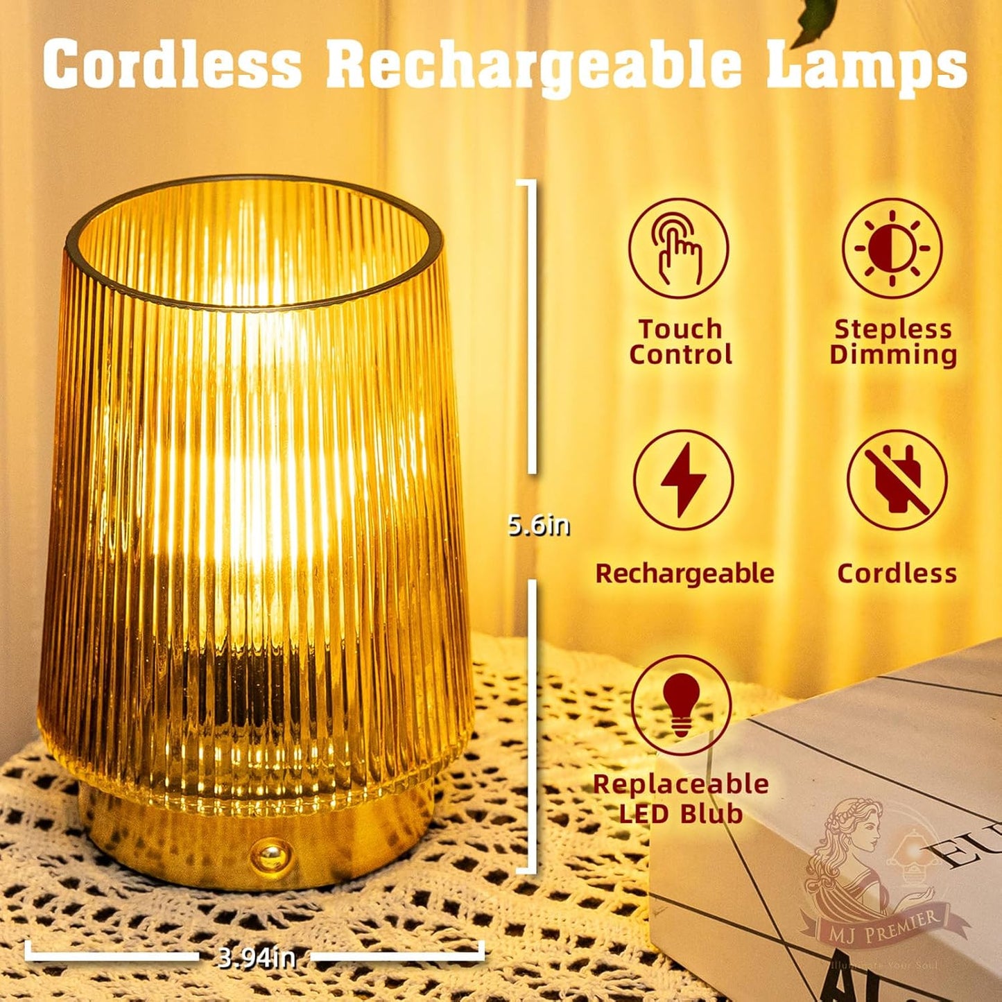 Cordless Lamps Rechargeable Glass Table Lamp Portable Dimmable Brightness Touch Battery Operated Lamp Cordless Beside Touch Lamp for Bedroom Kitchen Dining Bathroom Rechargeable Yellow
