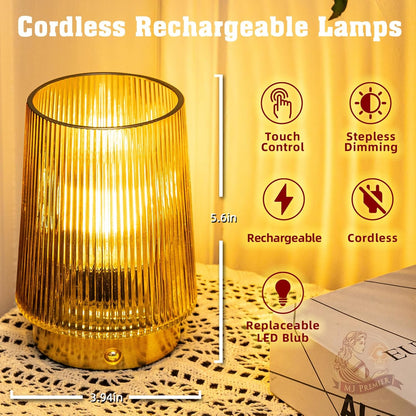 Cordless Lamps Rechargeable Glass Table Lamp Portable Dimmable Brightness Touch Battery Operated Lamp Cordless Beside Touch Lamp for Bedroom Kitchen Dining Bathroom Rechargeable Yellow
