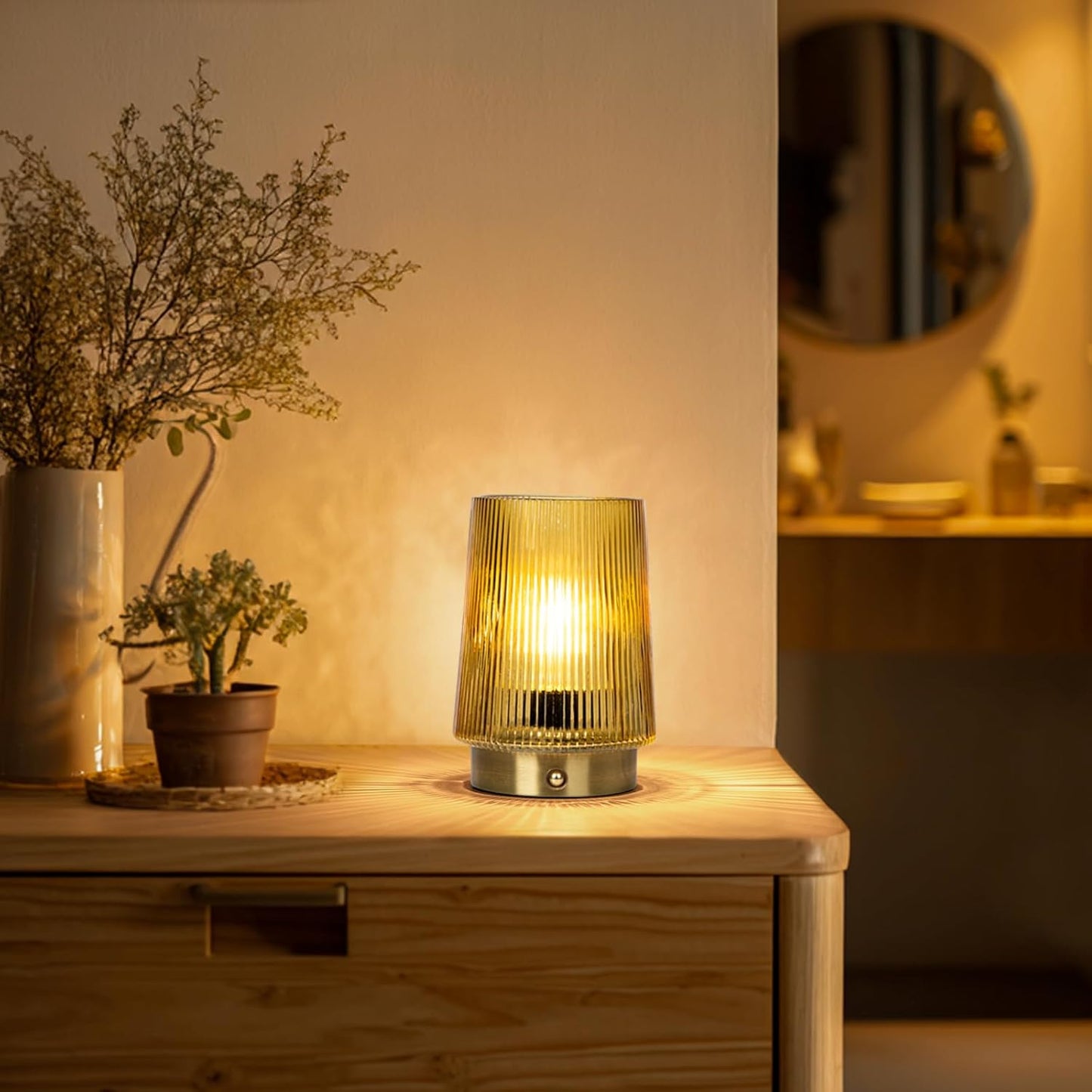Cordless Lamps Rechargeable Glass Table Lamp Portable Dimmable Brightness Touch Battery Operated Lamp Cordless Beside Touch Lamp for Bedroom Kitchen Dining Bathroom Rechargeable Yellow