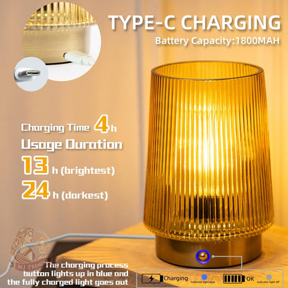Cordless Lamps Rechargeable Glass Table Lamp Portable Dimmable Brightness Touch Battery Operated Lamp Cordless Beside Touch Lamp for Bedroom Kitchen Dining Bathroom Rechargeable Yellow