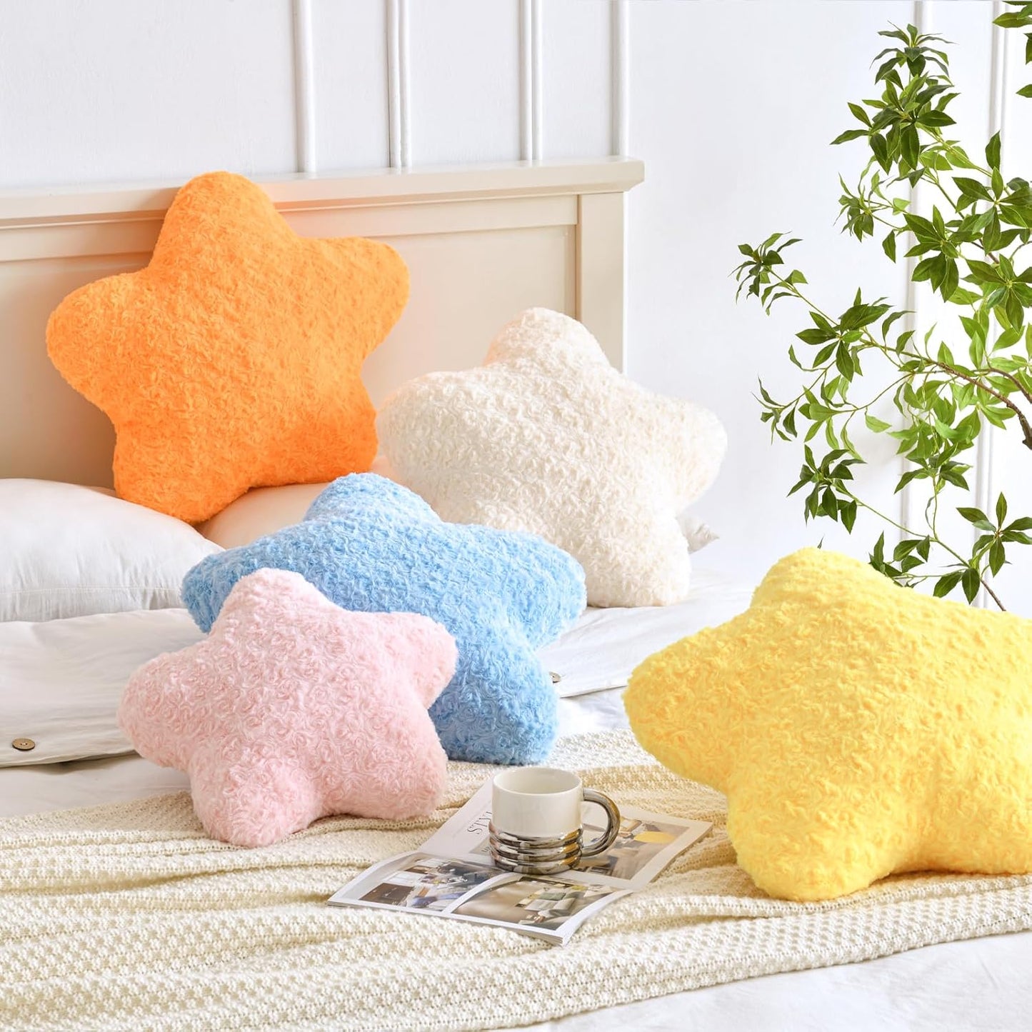 Star Pillow, 19.7" Star Shaped Plush Pillow for Couch Bed Sofa, Cute Decorative Throw Pillows with Soft Faux Fur Room Decor for Bedroom Living Room (Yellow)