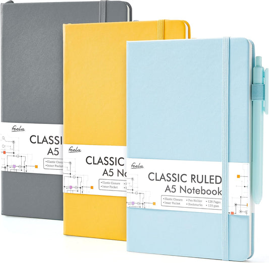 Hardcover Notebook For Work, Classic Ruled Lined Journal Set School Business Supplies, with 3 Black Pens, 120 GSM, 5.1”x8.3”, 3 Pack, A5, Solid Colors, Gray, Yellow, Light Blue