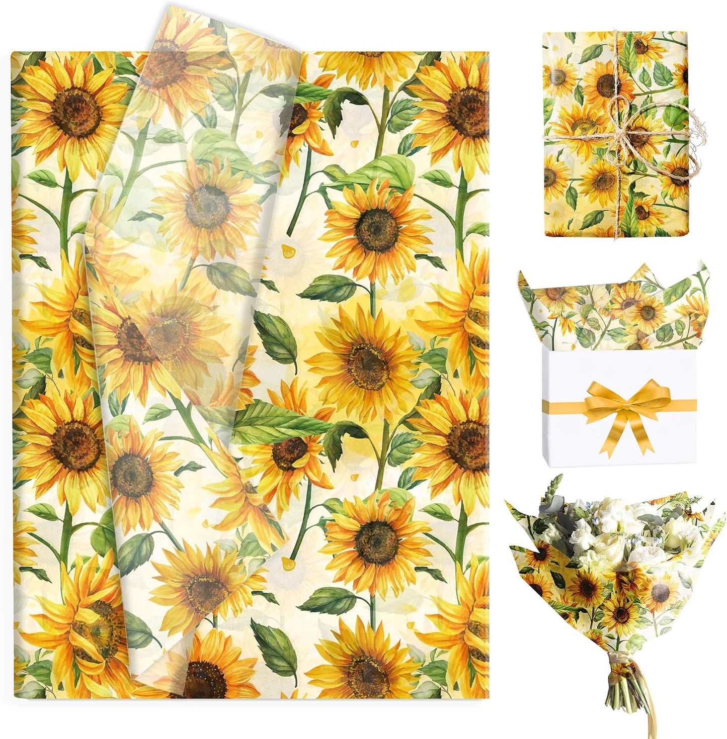 50 Sheets Sunflower Tissue Paper - 20"×14" Floral Gift Wrapping Paper Sunflower Botanical Design for Gift Bags, Baby Shower, Birthday Party, Bachelorette Party, Craft Supplies, Bridal Shower