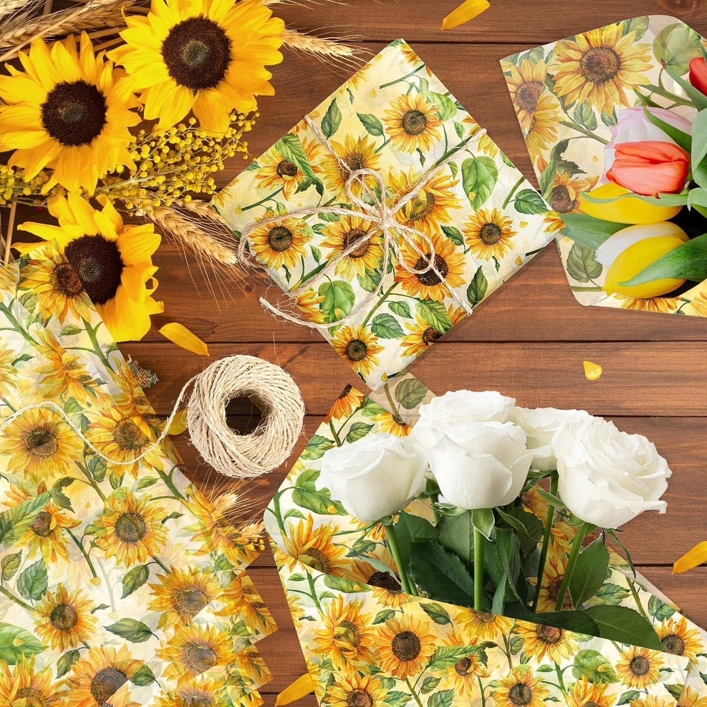 50 Sheets Sunflower Tissue Paper - 20"×14" Floral Gift Wrapping Paper Sunflower Botanical Design for Gift Bags, Baby Shower, Birthday Party, Bachelorette Party, Craft Supplies, Bridal Shower