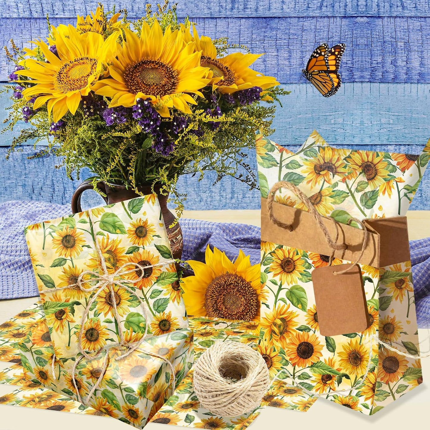 50 Sheets Sunflower Tissue Paper - 20"×14" Floral Gift Wrapping Paper Sunflower Botanical Design for Gift Bags, Baby Shower, Birthday Party, Bachelorette Party, Craft Supplies, Bridal Shower