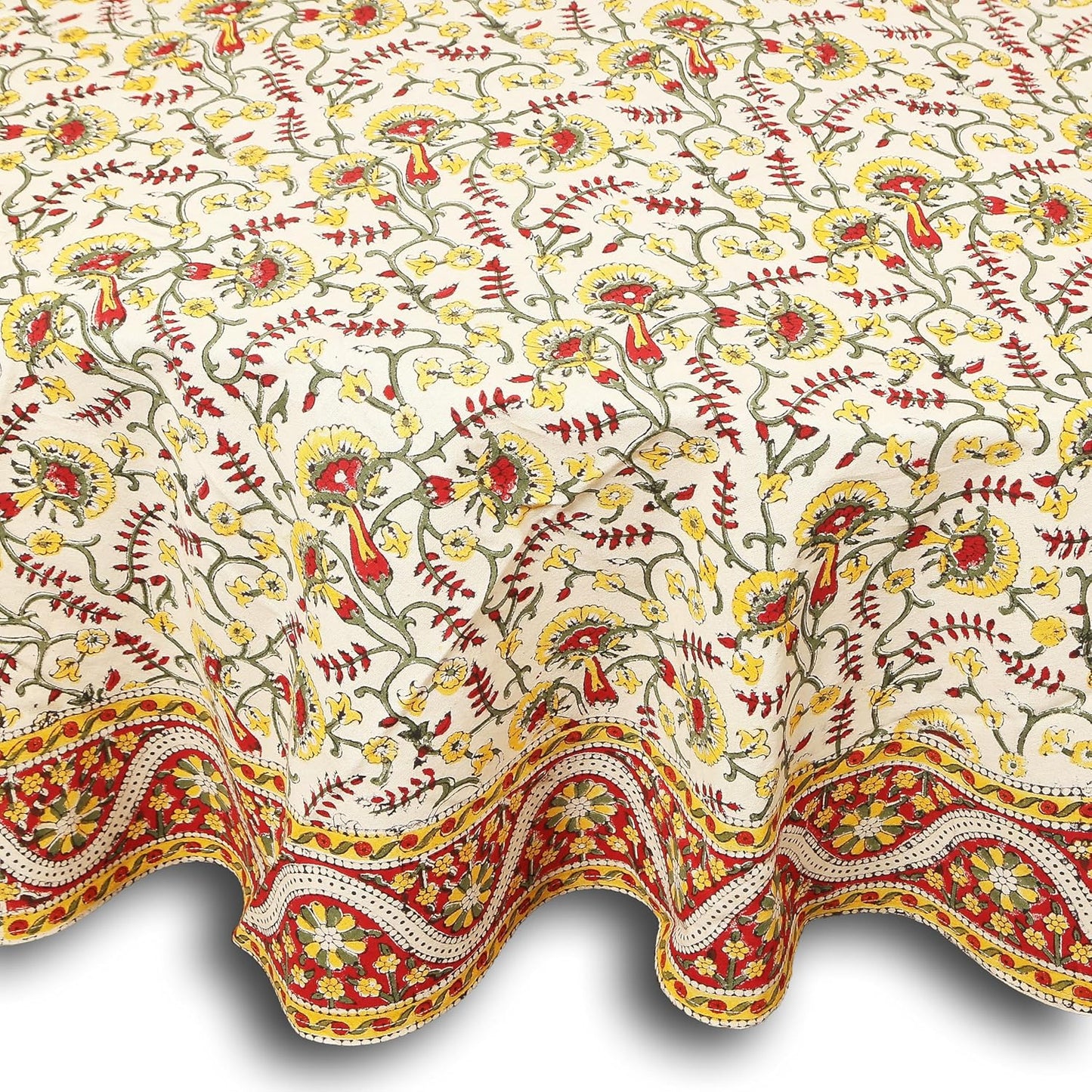 Hand Block Print Tablecloth Round 72 inch, 100% Cotton Red Yellow Floral Table Cloth for Kitchen Dining Linen, Weddings, Holiday Party, Restaurant, Spring/Summer/Fall Home Decor