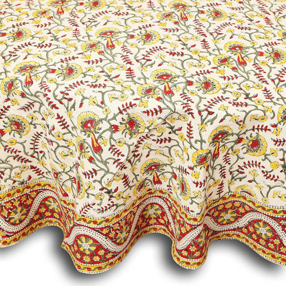 Hand Block Print Tablecloth Round 72 inch, 100% Cotton Red Yellow Floral Table Cloth for Kitchen Dining Linen, Weddings, Holiday Party, Restaurant, Spring/Summer/Fall Home Decor