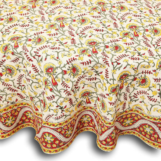 Hand Block Print Tablecloth Round 72 inch, 100% Cotton Red Yellow Floral Table Cloth for Kitchen Dining Linen, Weddings, Holiday Party, Restaurant, Spring/Summer/Fall Home Decor