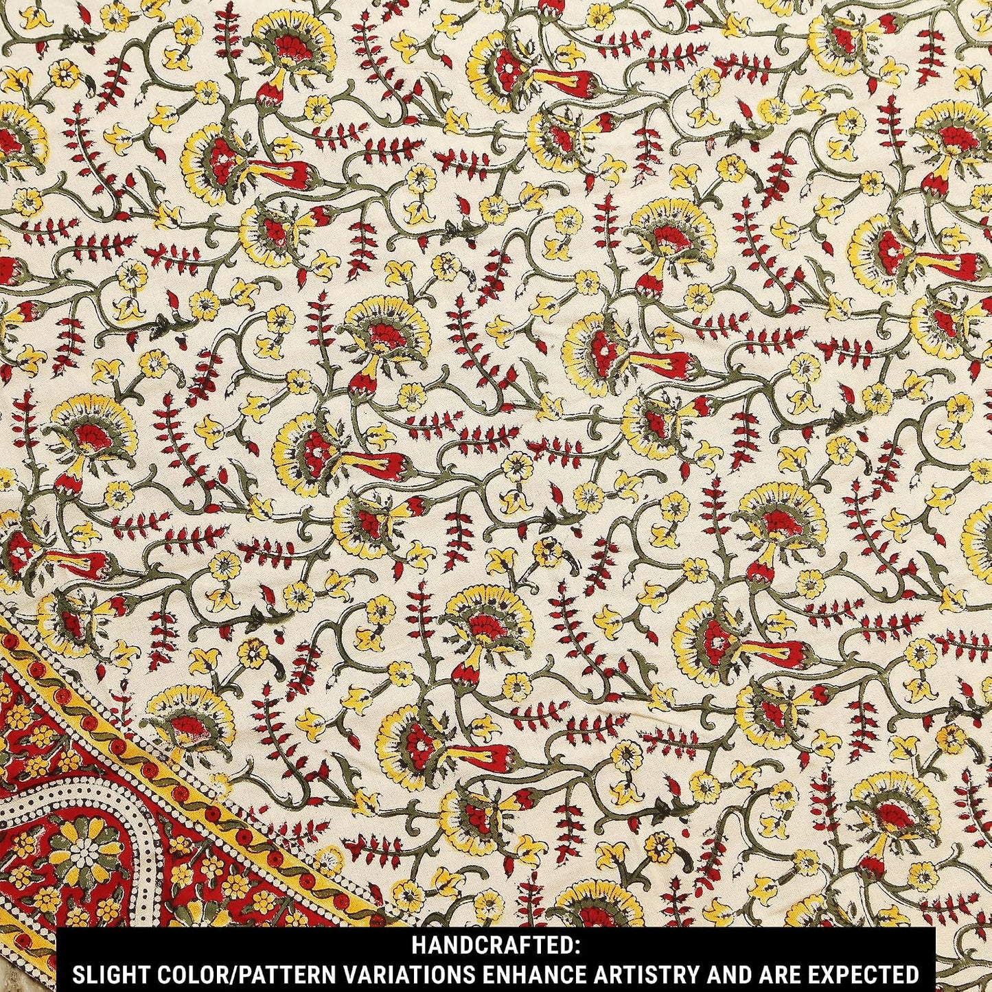 Hand Block Print Tablecloth Round 72 inch, 100% Cotton Red Yellow Floral Table Cloth for Kitchen Dining Linen, Weddings, Holiday Party, Restaurant, Spring/Summer/Fall Home Decor