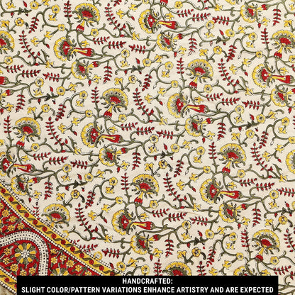 Hand Block Print Tablecloth Round 72 inch, 100% Cotton Red Yellow Floral Table Cloth for Kitchen Dining Linen, Weddings, Holiday Party, Restaurant, Spring/Summer/Fall Home Decor