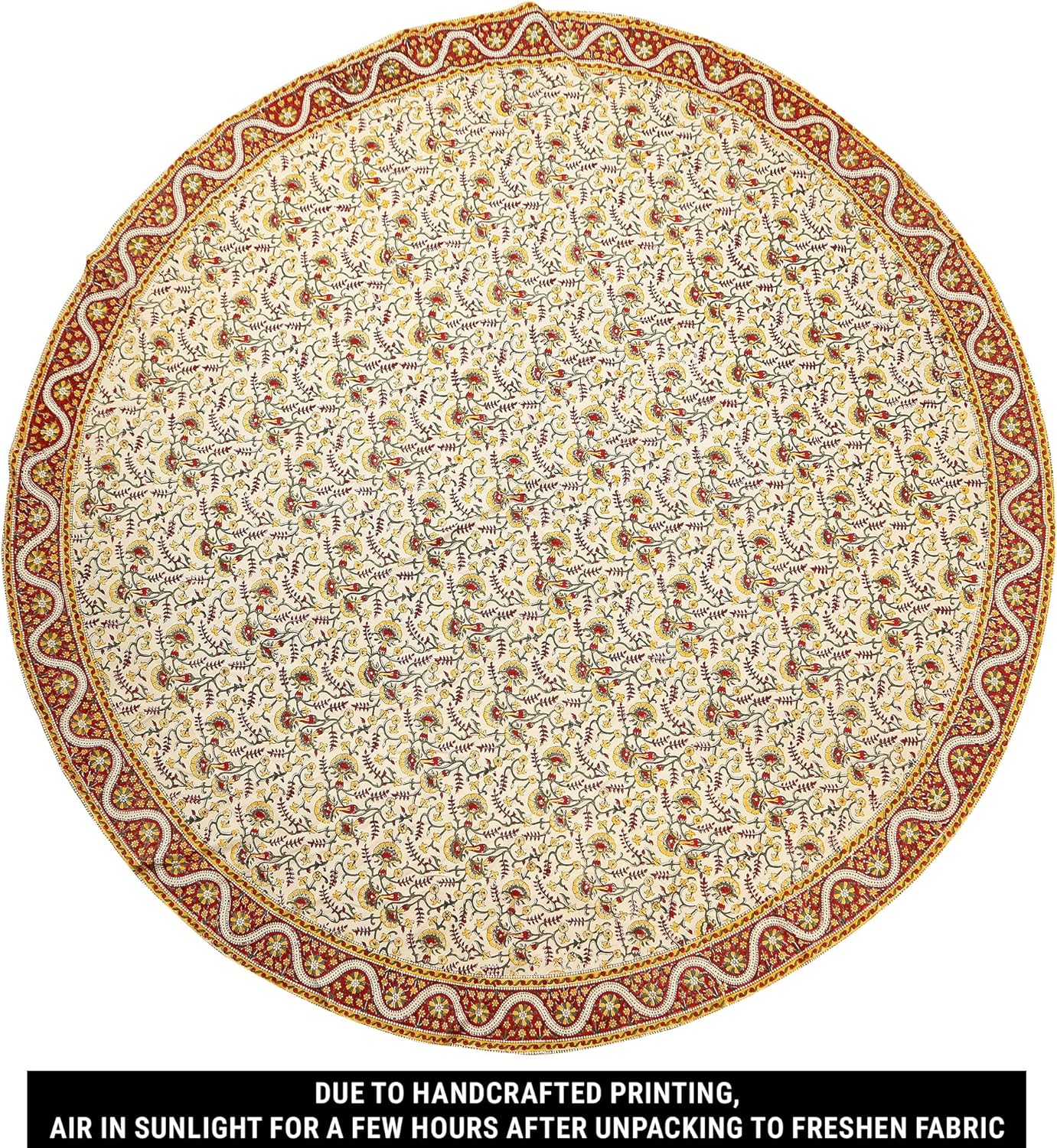 Hand Block Print Tablecloth Round 72 inch, 100% Cotton Red Yellow Floral Table Cloth for Kitchen Dining Linen, Weddings, Holiday Party, Restaurant, Spring/Summer/Fall Home Decor