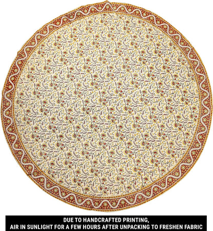 Hand Block Print Tablecloth Round 72 inch, 100% Cotton Red Yellow Floral Table Cloth for Kitchen Dining Linen, Weddings, Holiday Party, Restaurant, Spring/Summer/Fall Home Decor