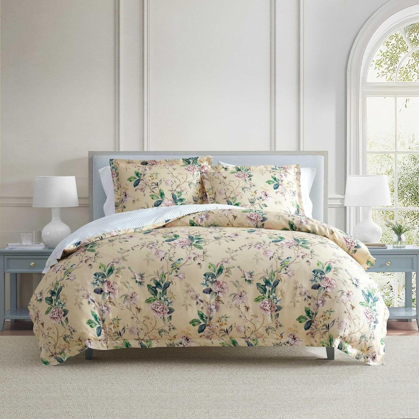 Queen Duvet Cover Set, 100% Smooth & Silky Sateen Cotton Bedding with a Cotton Percale Reverse, 3 Piece Floral Bedding with Matching Pillowcases (Songbird Yellow)
