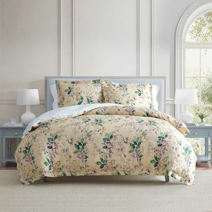 Queen Duvet Cover Set, 100% Smooth & Silky Sateen Cotton Bedding with a Cotton Percale Reverse, 3 Piece Floral Bedding with Matching Pillowcases (Songbird Yellow)