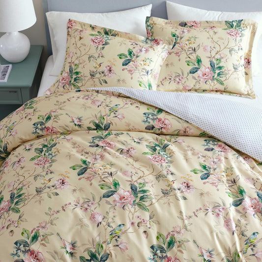 Queen Duvet Cover Set, 100% Smooth & Silky Sateen Cotton Bedding with a Cotton Percale Reverse, 3 Piece Floral Bedding with Matching Pillowcases (Songbird Yellow)
