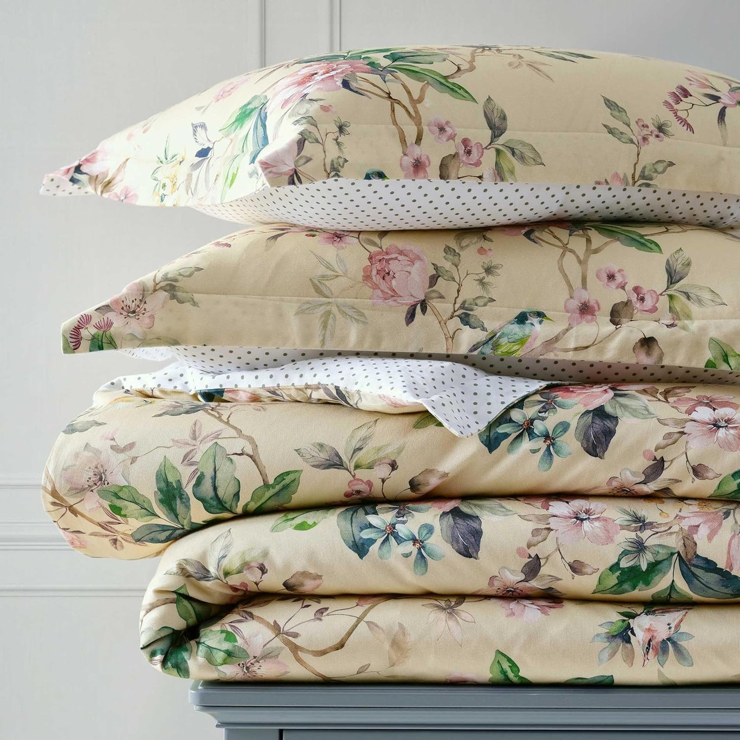 Queen Duvet Cover Set, 100% Smooth & Silky Sateen Cotton Bedding with a Cotton Percale Reverse, 3 Piece Floral Bedding with Matching Pillowcases (Songbird Yellow)