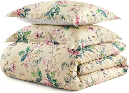 Queen Duvet Cover Set, 100% Smooth & Silky Sateen Cotton Bedding with a Cotton Percale Reverse, 3 Piece Floral Bedding with Matching Pillowcases (Songbird Yellow)