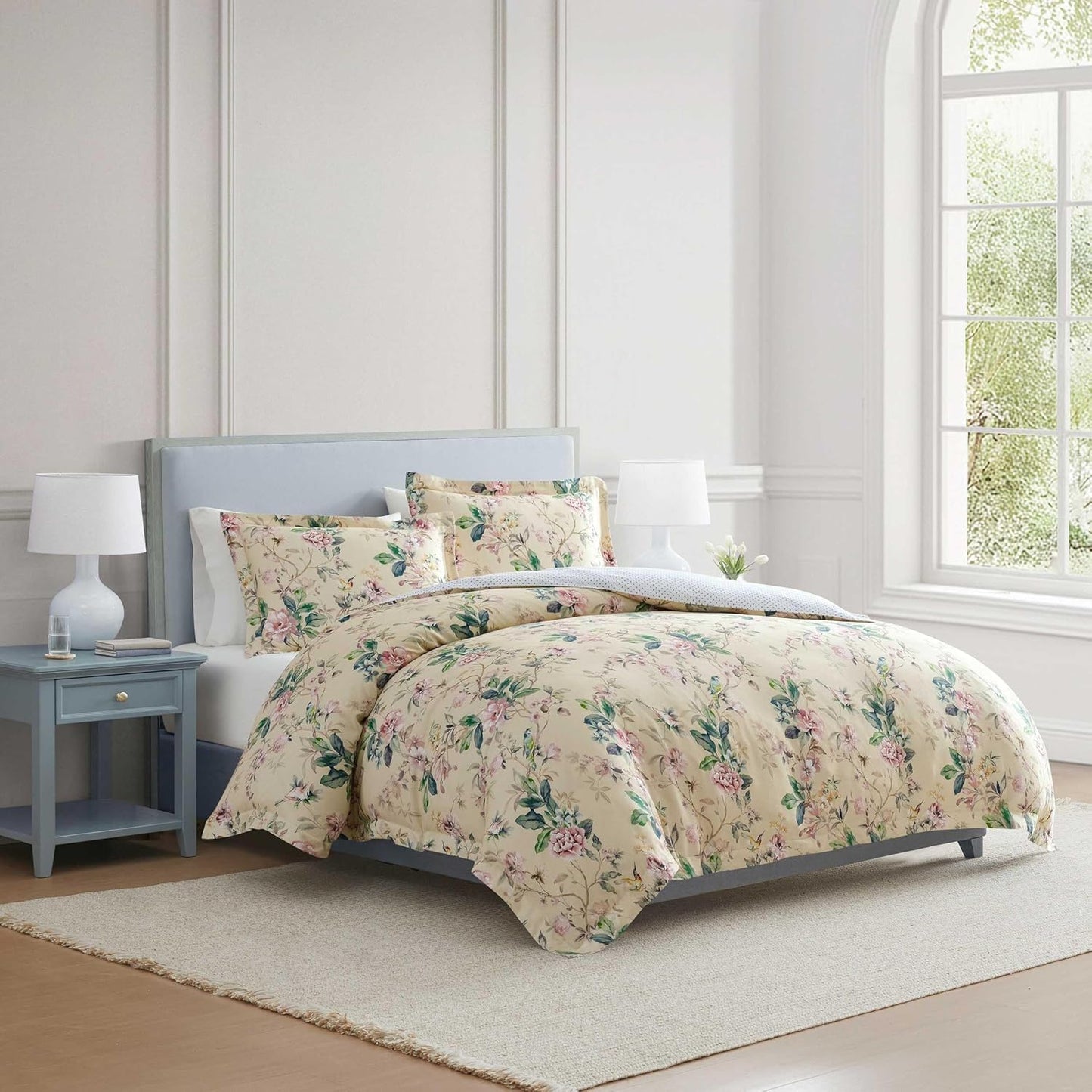 Queen Duvet Cover Set, 100% Smooth & Silky Sateen Cotton Bedding with a Cotton Percale Reverse, 3 Piece Floral Bedding with Matching Pillowcases (Songbird Yellow)