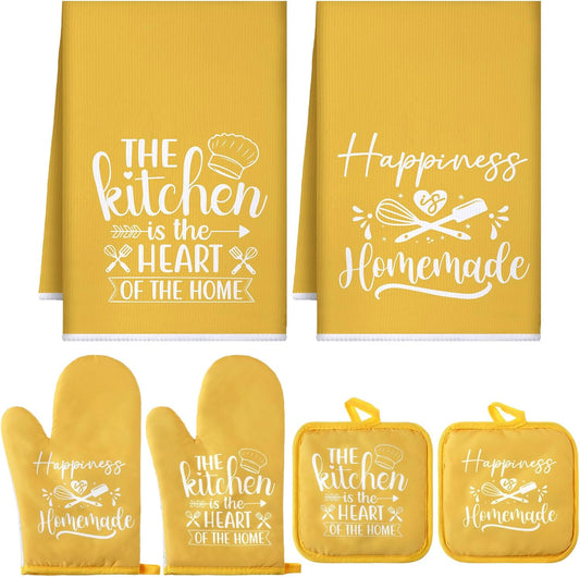 6 Pcs Kitchen Decor Accessories Set Farmhouse Towels Pot Holders Oven Mitts Set 2 Dish Towels 2 Potholders 2 Cooking Mittens Oven Glove for Christmas Baking Cooking Supply(Yellow,Kitchen)