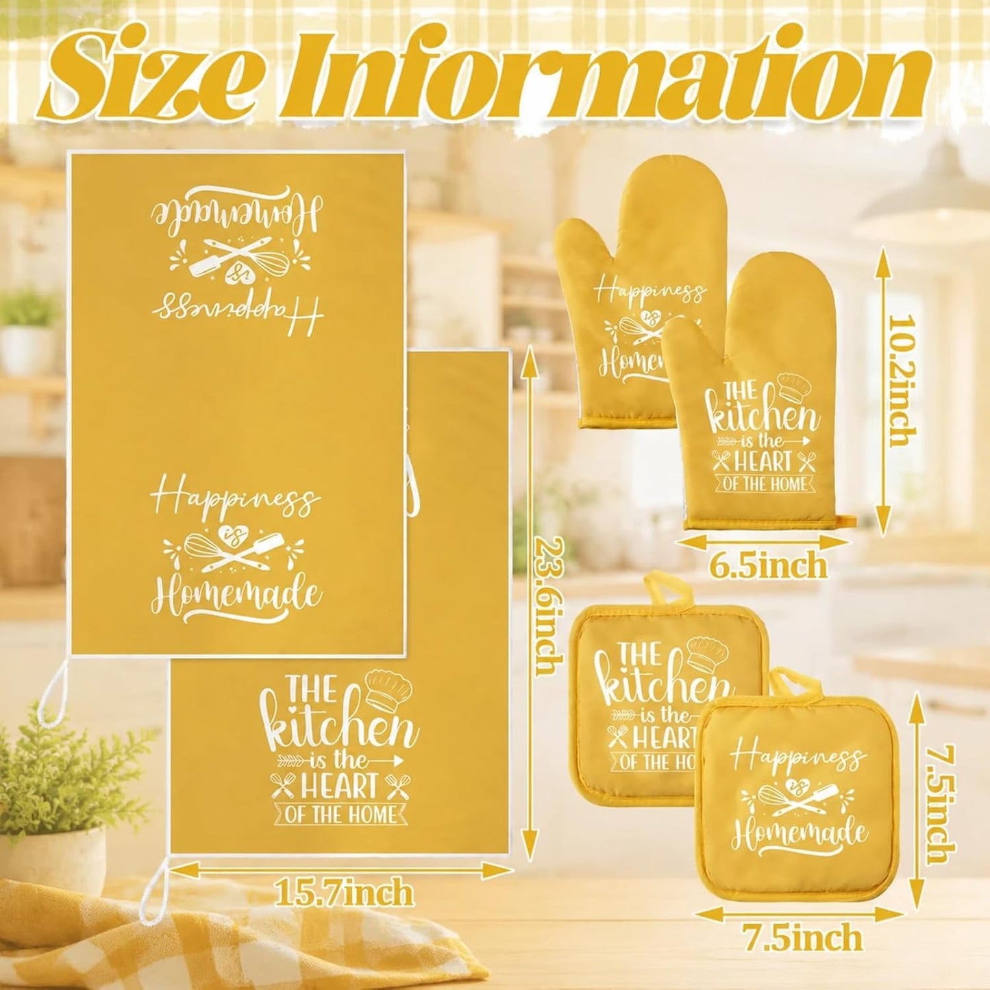 6 Pcs Kitchen Decor Accessories Set Farmhouse Towels Pot Holders Oven Mitts Set 2 Dish Towels 2 Potholders 2 Cooking Mittens Oven Glove for Christmas Baking Cooking Supply(Yellow,Kitchen)
