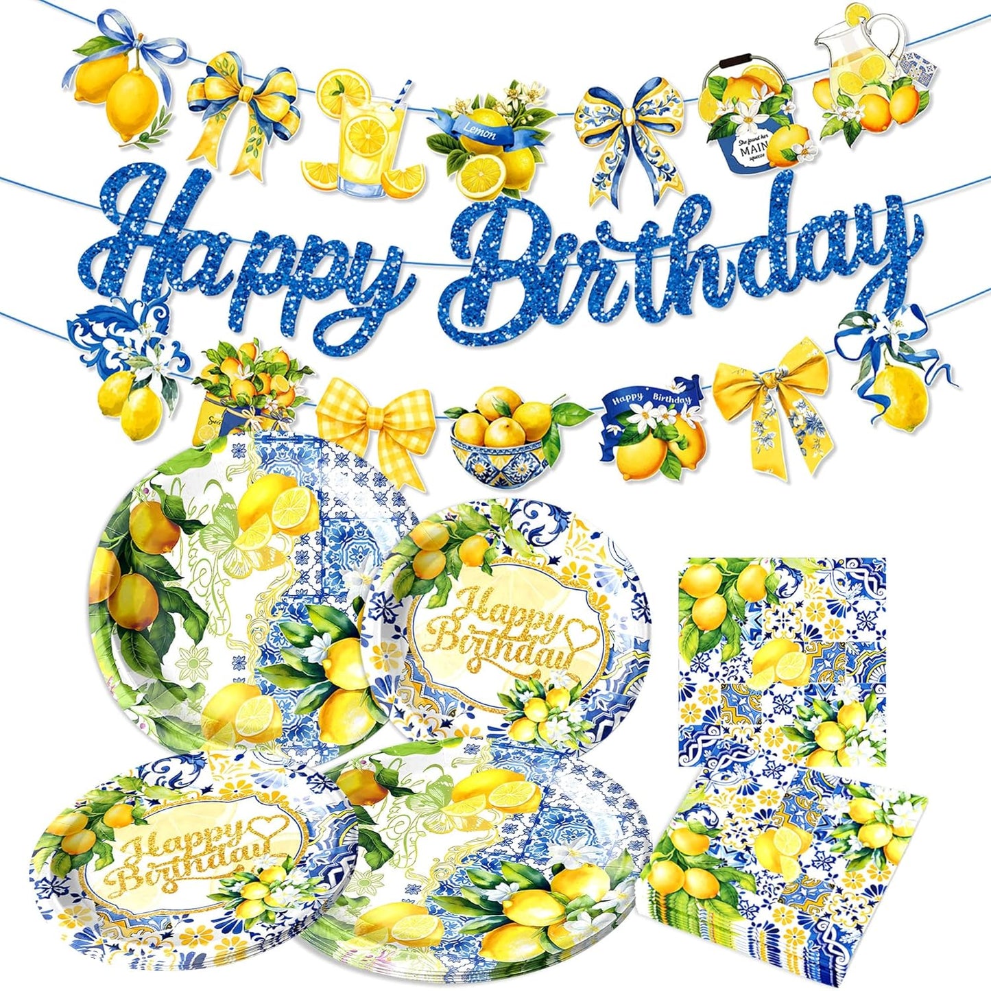 Capri Lemon Party Decorations Italian Blue Tile Plates and Napkins Set Blue and Yellow Lemon Banner Lemonade Birthday Tableware Decor