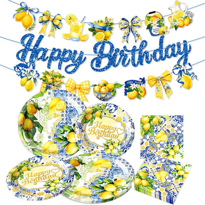 Capri Lemon Party Decorations Italian Blue Tile Plates and Napkins Set Blue and Yellow Lemon Banner Lemonade Birthday Tableware Decor