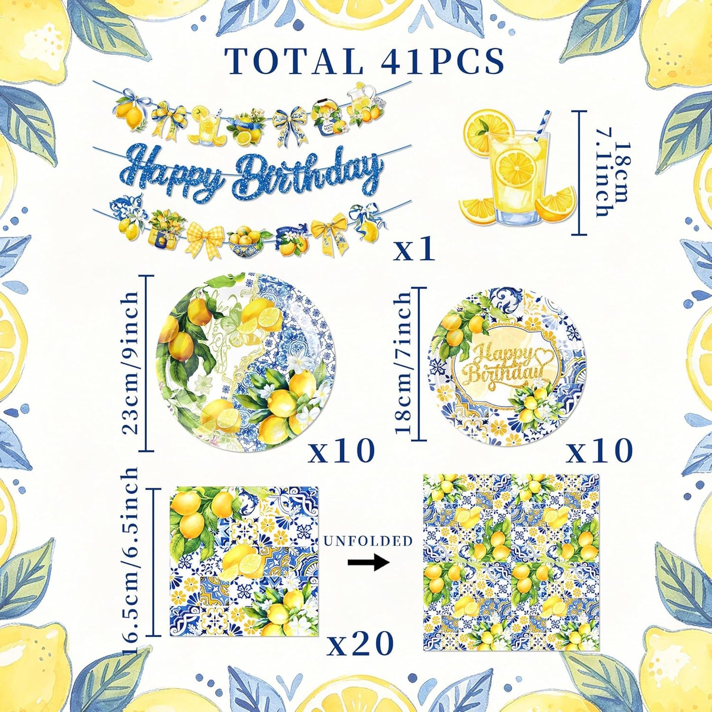 Capri Lemon Party Decorations Italian Blue Tile Plates and Napkins Set Blue and Yellow Lemon Banner Lemonade Birthday Tableware Decor