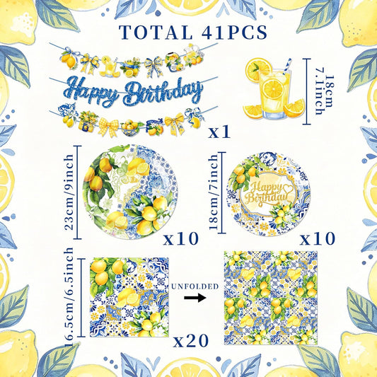 Capri Lemon Party Decorations Italian Blue Tile Plates and Napkins Set Blue and Yellow Lemon Banner Lemonade Birthday Tableware Decor
