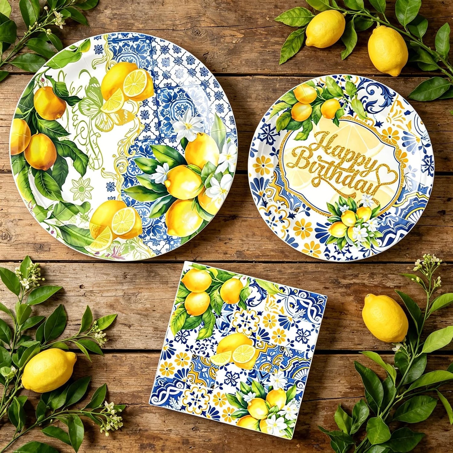Capri Lemon Party Decorations Italian Blue Tile Plates and Napkins Set Blue and Yellow Lemon Banner Lemonade Birthday Tableware Decor