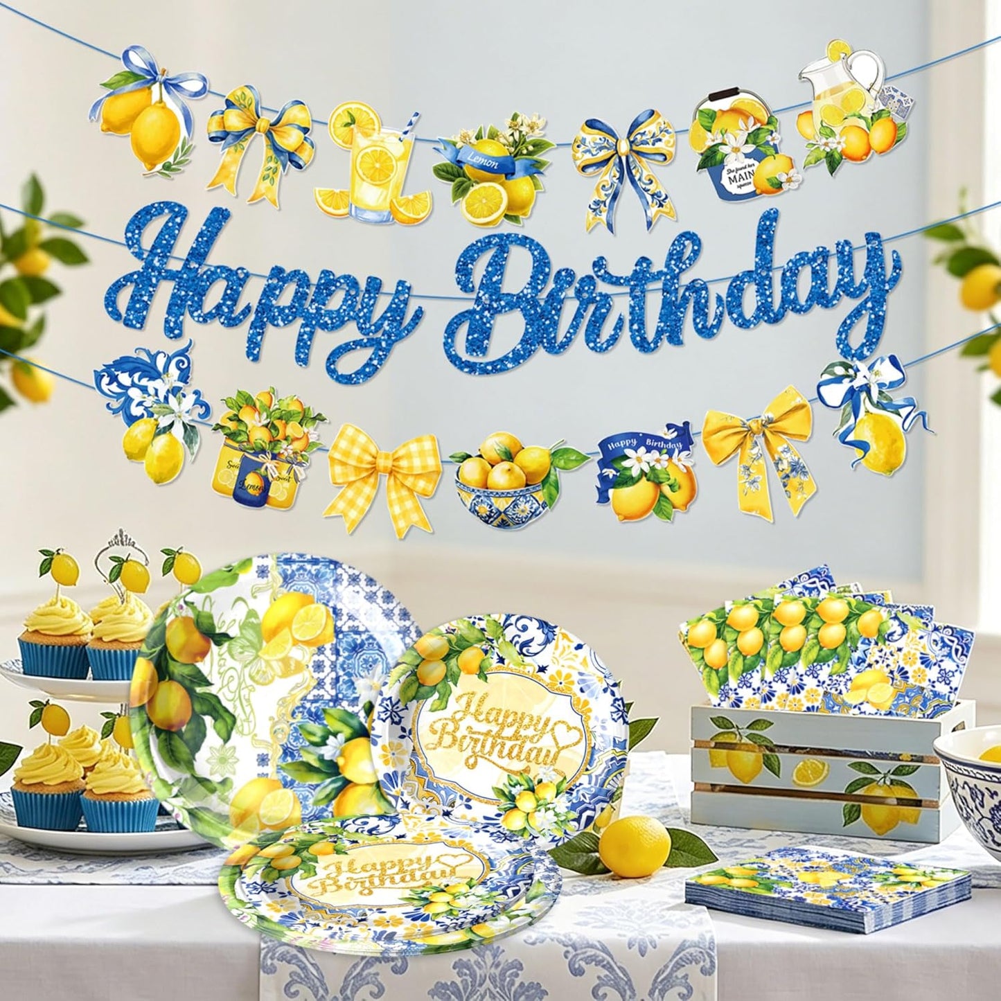 Capri Lemon Party Decorations Italian Blue Tile Plates and Napkins Set Blue and Yellow Lemon Banner Lemonade Birthday Tableware Decor