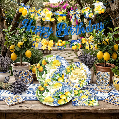 Capri Lemon Party Decorations Italian Blue Tile Plates and Napkins Set Blue and Yellow Lemon Banner Lemonade Birthday Tableware Decor