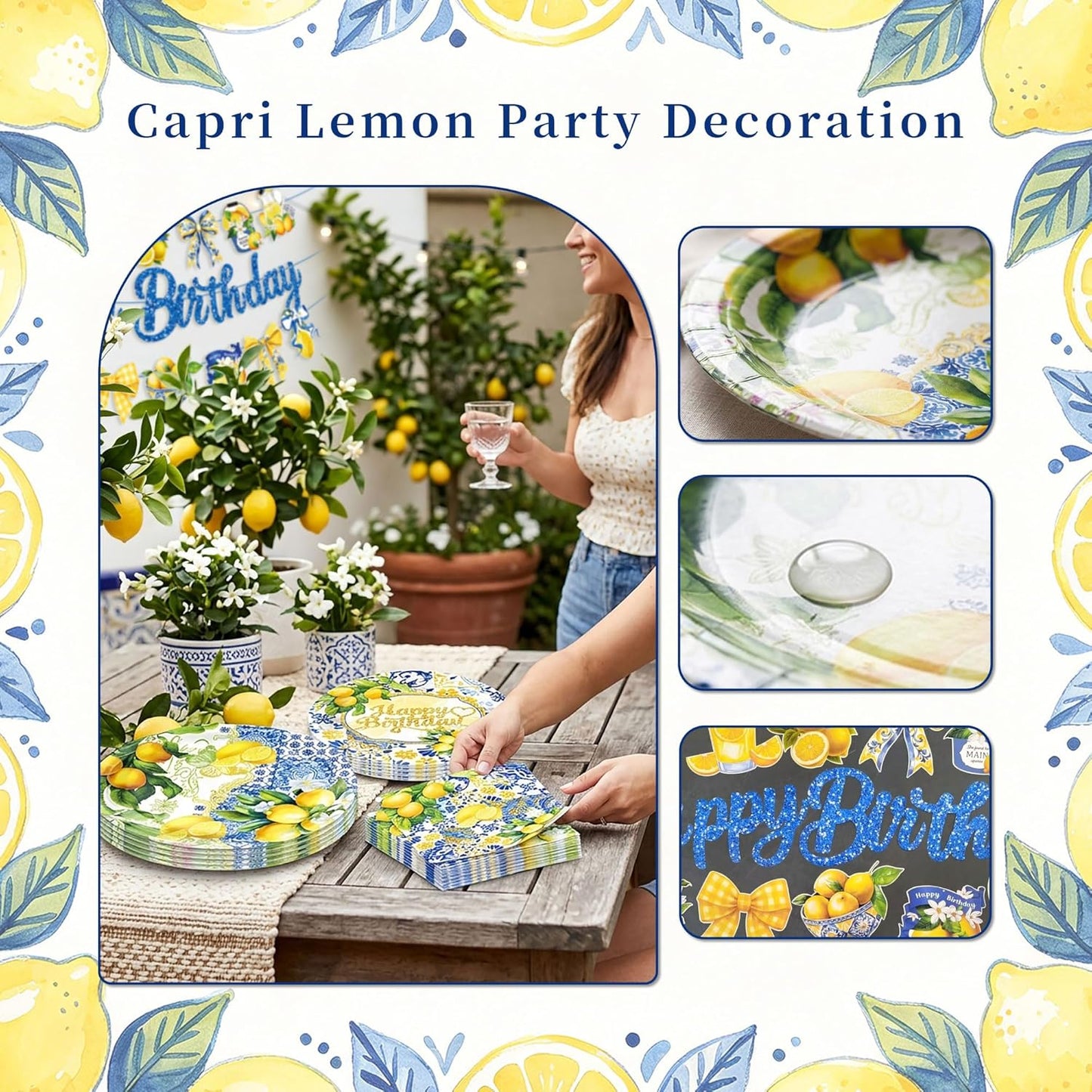 Capri Lemon Party Decorations Italian Blue Tile Plates and Napkins Set Blue and Yellow Lemon Banner Lemonade Birthday Tableware Decor