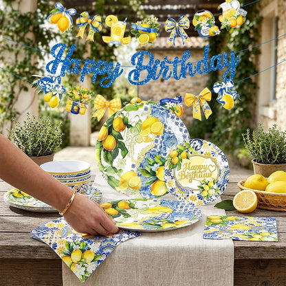 Capri Lemon Party Decorations Italian Blue Tile Plates and Napkins Set Blue and Yellow Lemon Banner Lemonade Birthday Tableware Decor