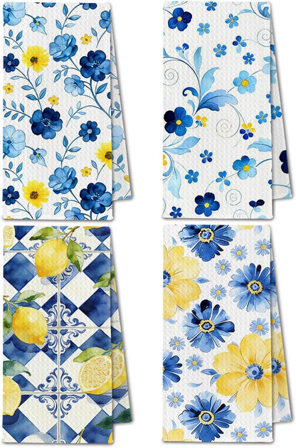 Blue and Yellow Lemon Floral Kitchen Towels, Italian Mediterranean Dish Towels Drying Cloth for Kitchen, Vibrant Flower Lemon Decorative Hand Towel for Bathroom, 16x24 Inch Set of 4