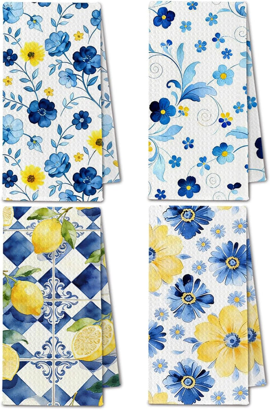 Blue and Yellow Lemon Floral Kitchen Towels, Italian Mediterranean Dish Towels Drying Cloth for Kitchen, Vibrant Flower Lemon Decorative Hand Towel for Bathroom, 16x24 Inch Set of 4