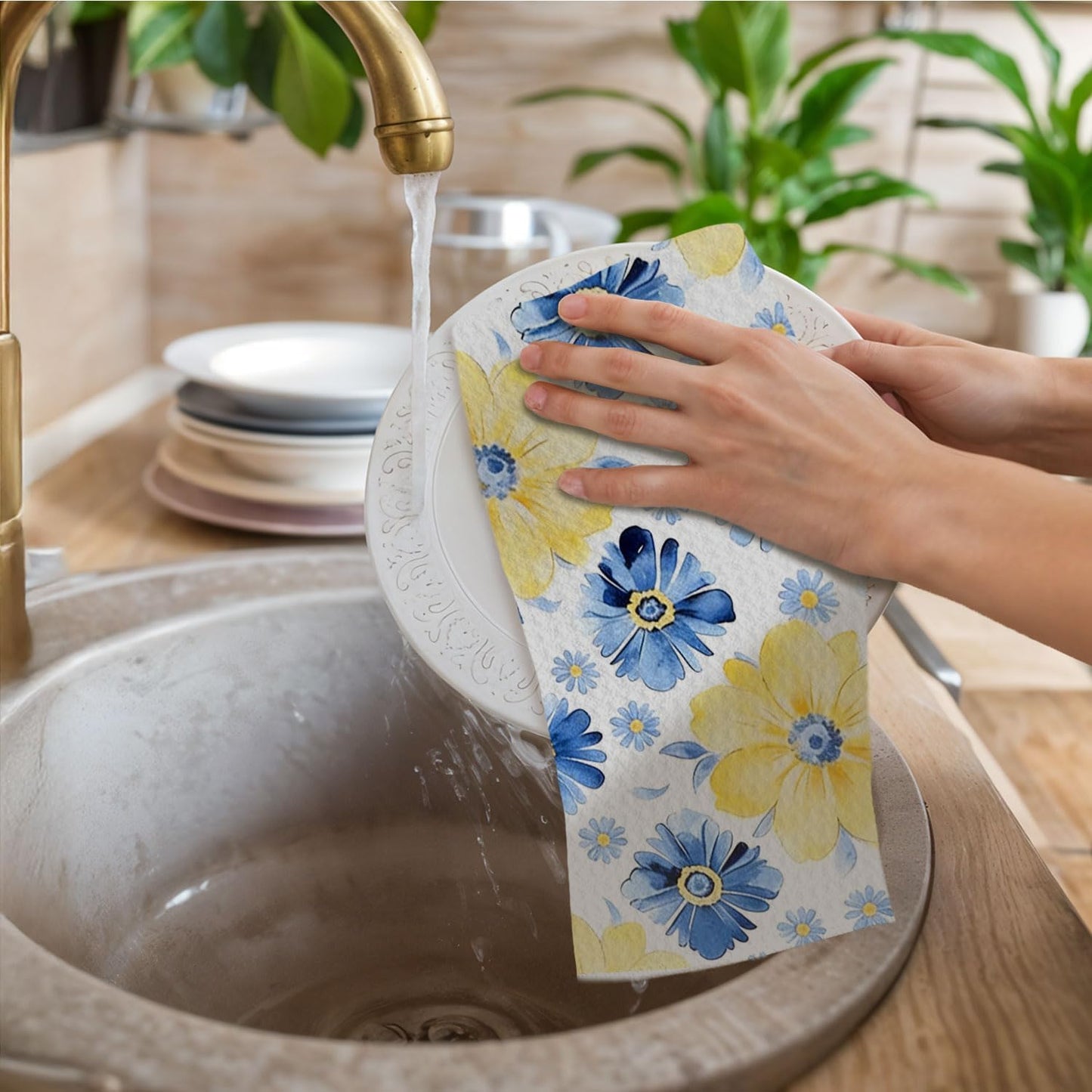Blue and Yellow Lemon Floral Kitchen Towels, Italian Mediterranean Dish Towels Drying Cloth for Kitchen, Vibrant Flower Lemon Decorative Hand Towel for Bathroom, 16x24 Inch Set of 4
