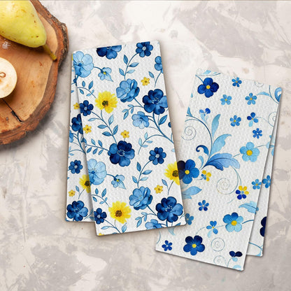 Blue and Yellow Lemon Floral Kitchen Towels, Italian Mediterranean Dish Towels Drying Cloth for Kitchen, Vibrant Flower Lemon Decorative Hand Towel for Bathroom, 16x24 Inch Set of 4