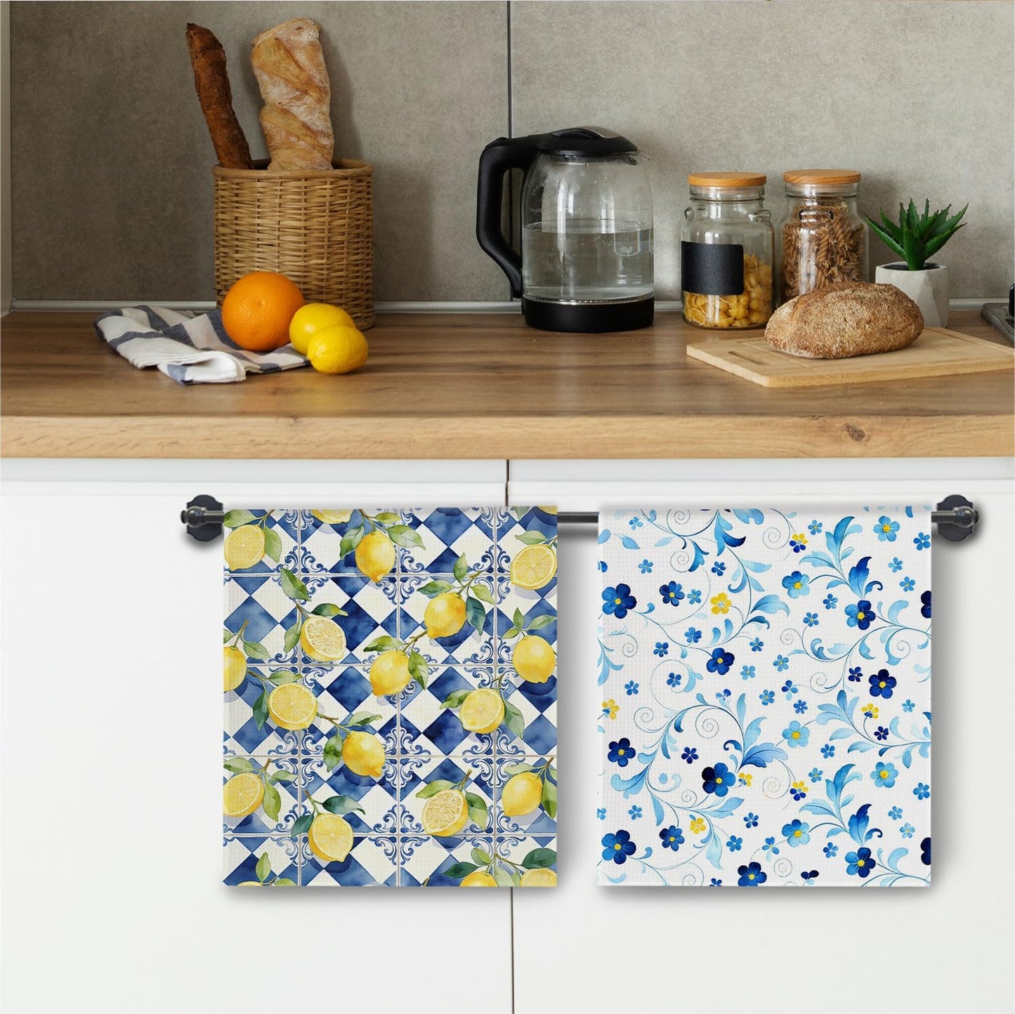 Blue and Yellow Lemon Floral Kitchen Towels, Italian Mediterranean Dish Towels Drying Cloth for Kitchen, Vibrant Flower Lemon Decorative Hand Towel for Bathroom, 16x24 Inch Set of 4