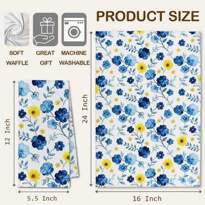 Blue and Yellow Lemon Floral Kitchen Towels, Italian Mediterranean Dish Towels Drying Cloth for Kitchen, Vibrant Flower Lemon Decorative Hand Towel for Bathroom, 16x24 Inch Set of 4