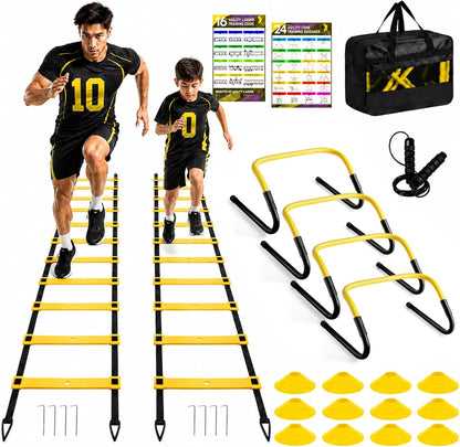 2 Pack Agility Ladder, Soccer Speed Training Equipment Set with Total 26 ft Agility Ladder, 12 Cones, 4 Adjustable Hurdles, Jump Rope, for Soccer, Basketball, Football, Kids, Youth, Adults