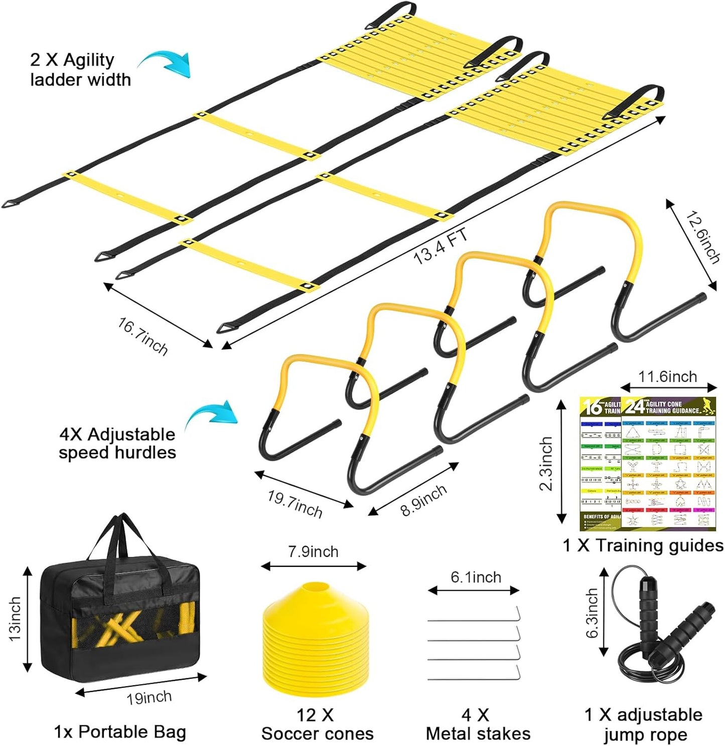 2 Pack Agility Ladder, Soccer Speed Training Equipment Set with Total 26 ft Agility Ladder, 12 Cones, 4 Adjustable Hurdles, Jump Rope, for Soccer, Basketball, Football, Kids, Youth, Adults