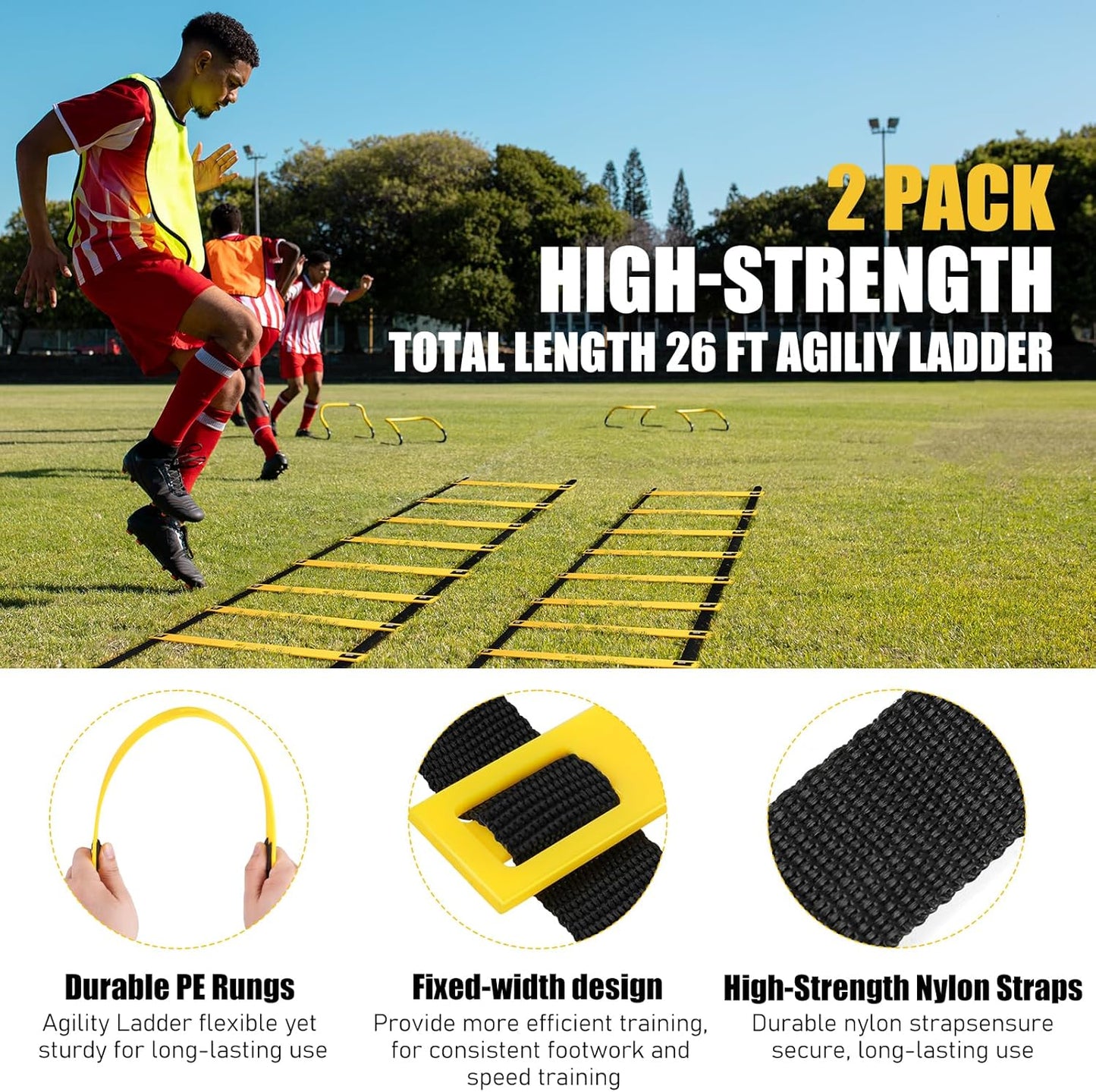 2 Pack Agility Ladder, Soccer Speed Training Equipment Set with Total 26 ft Agility Ladder, 12 Cones, 4 Adjustable Hurdles, Jump Rope, for Soccer, Basketball, Football, Kids, Youth, Adults