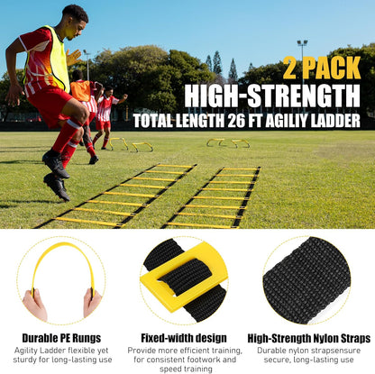 2 Pack Agility Ladder, Soccer Speed Training Equipment Set with Total 26 ft Agility Ladder, 12 Cones, 4 Adjustable Hurdles, Jump Rope, for Soccer, Basketball, Football, Kids, Youth, Adults