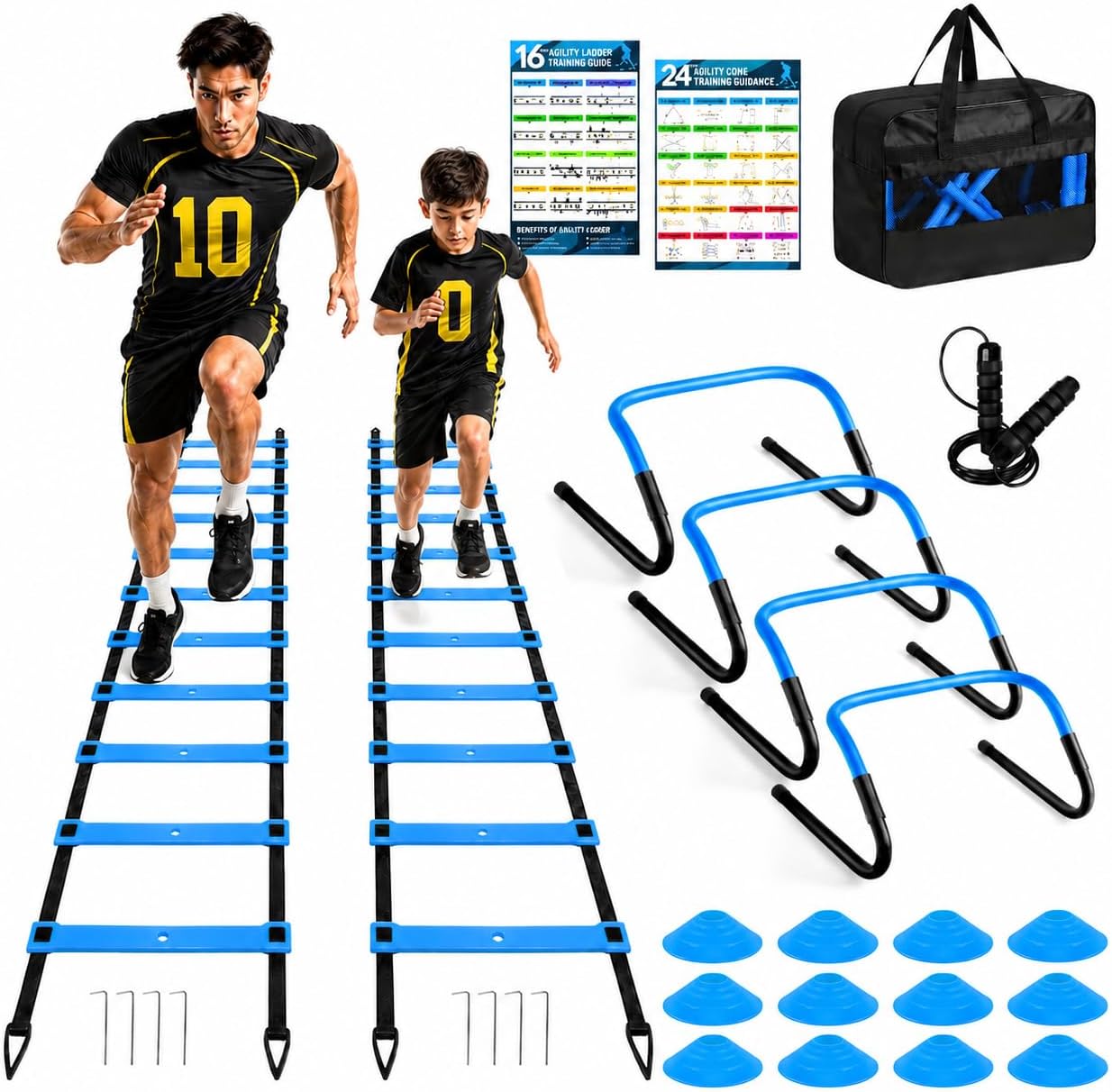 2 Pack Agility Ladder, Soccer Speed Training Equipment Set with Total 26 ft Agility Ladder, 12 Cones, 4 Adjustable Hurdles, Jump Rope, for Soccer, Basketball, Football, Kids, Youth, Adults