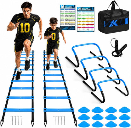 2 Pack Agility Ladder, Soccer Speed Training Equipment Set with Total 26 ft Agility Ladder, 12 Cones, 4 Adjustable Hurdles, Jump Rope, for Soccer, Basketball, Football, Kids, Youth, Adults