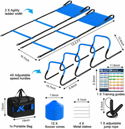 2 Pack Agility Ladder, Soccer Speed Training Equipment Set with Total 26 ft Agility Ladder, 12 Cones, 4 Adjustable Hurdles, Jump Rope, for Soccer, Basketball, Football, Kids, Youth, Adults