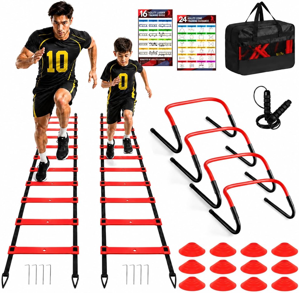 2 Pack Agility Ladder, Soccer Speed Training Equipment Set with Total 26 ft Agility Ladder, 12 Cones, 4 Adjustable Hurdles, Jump Rope, for Soccer, Basketball, Football, Kids, Youth, Adults