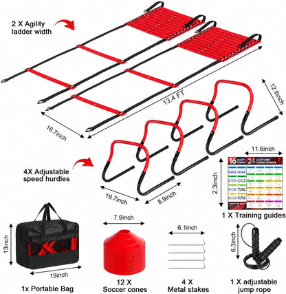 2 Pack Agility Ladder, Soccer Speed Training Equipment Set with Total 26 ft Agility Ladder, 12 Cones, 4 Adjustable Hurdles, Jump Rope, for Soccer, Basketball, Football, Kids, Youth, Adults