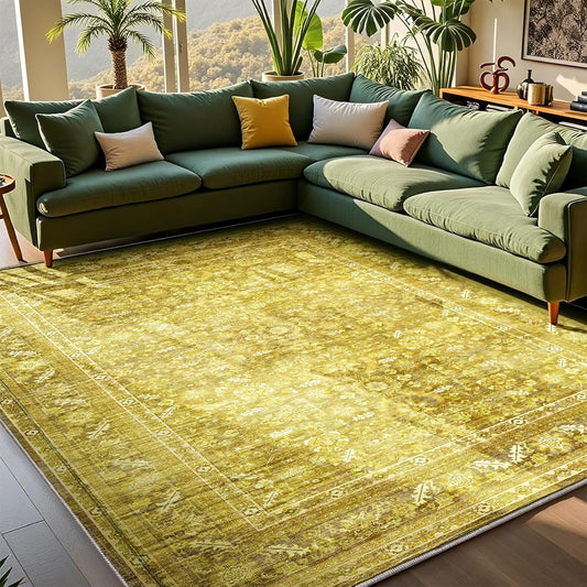Vintage Yellow Area Rugs 5x7, 5 x 7 Retro Washable Rug Non Slip, Low-Pile Faux Wool Carpet, Distressed Floor Mat for Living Room, Bedroom, Kitchen, Office, Dorm, Dinning Room