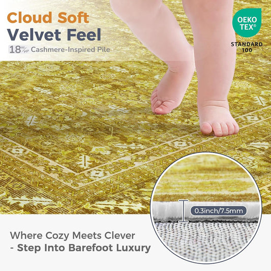 Vintage Yellow Area Rugs 5x7, 5 x 7 Retro Washable Rug Non Slip, Low-Pile Faux Wool Carpet, Distressed Floor Mat for Living Room, Bedroom, Kitchen, Office, Dorm, Dinning Room